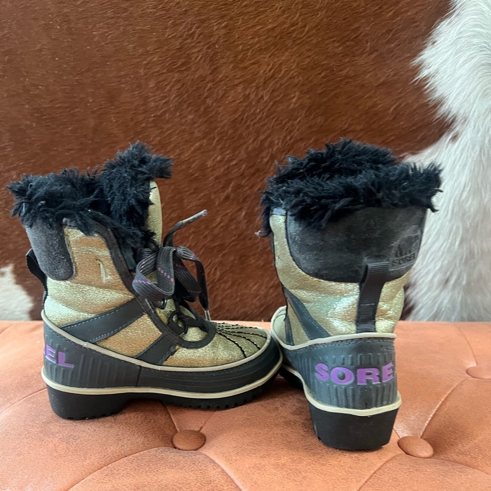 Sorel Sparkling Gold and Black Fur-Trimmed Boots
